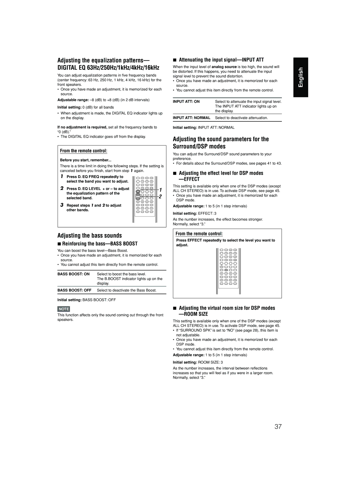 JVC RX-D701S manual Adjusting the sound parameters for the Surround/DSP modes 