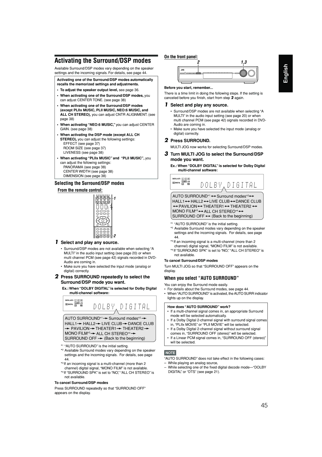 JVC RX-D701S manual Activating the Surround/DSP modes 