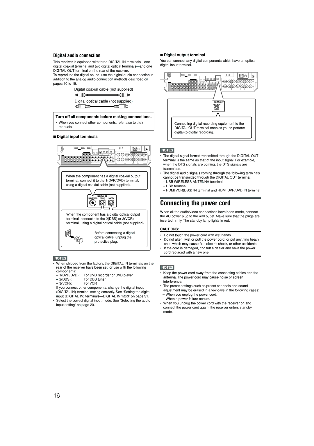 JVC RX-D701S manual Connecting the power cord, Digital audio connection, Turn off all components before making connections 