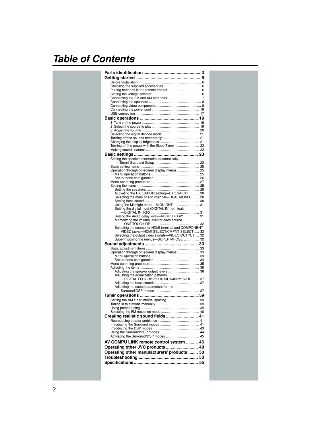 JVC RX-D701S manual Table of Contents 