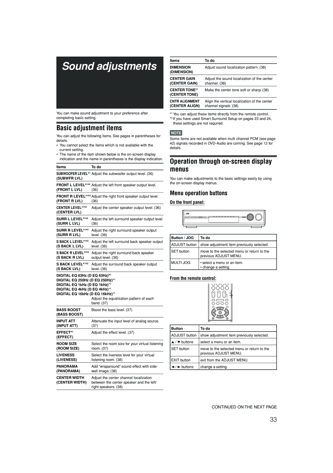 JVC RX-D701S manual Sound adjustments 