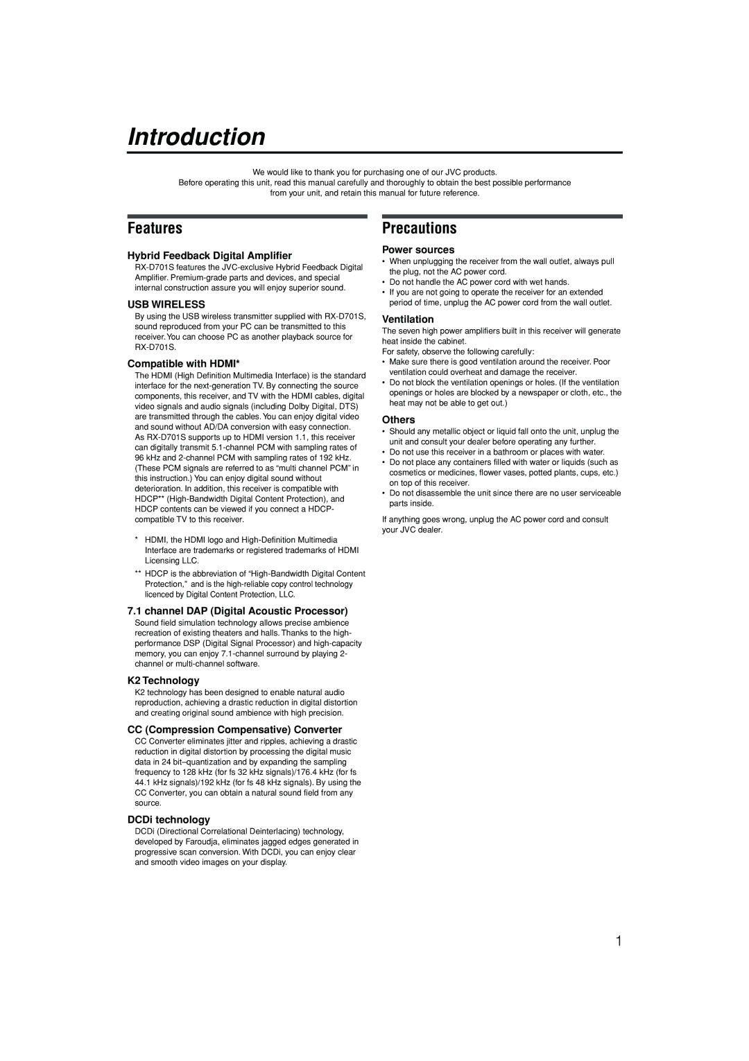 JVC RX-D701S manual Features, Precautions 