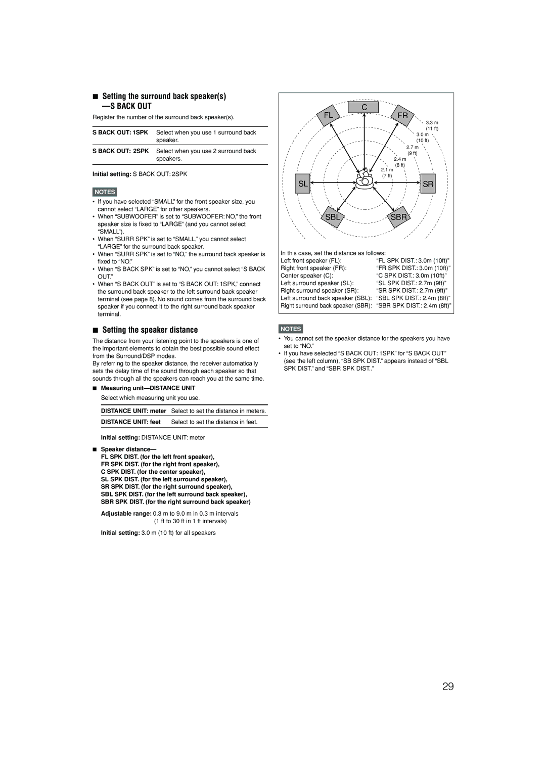 JVC RX-D701S manual Setting the surround back speakers, Setting the speaker distance, Initial setting S Back OUT 2SPK 