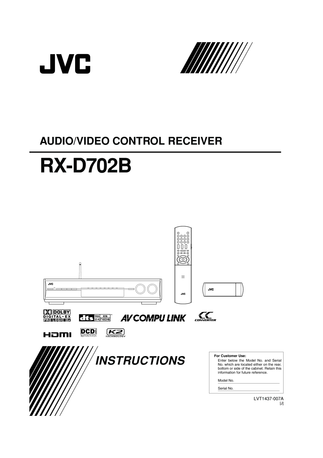 JVC RX-D701S manual RX-D702B, For Customer Use 