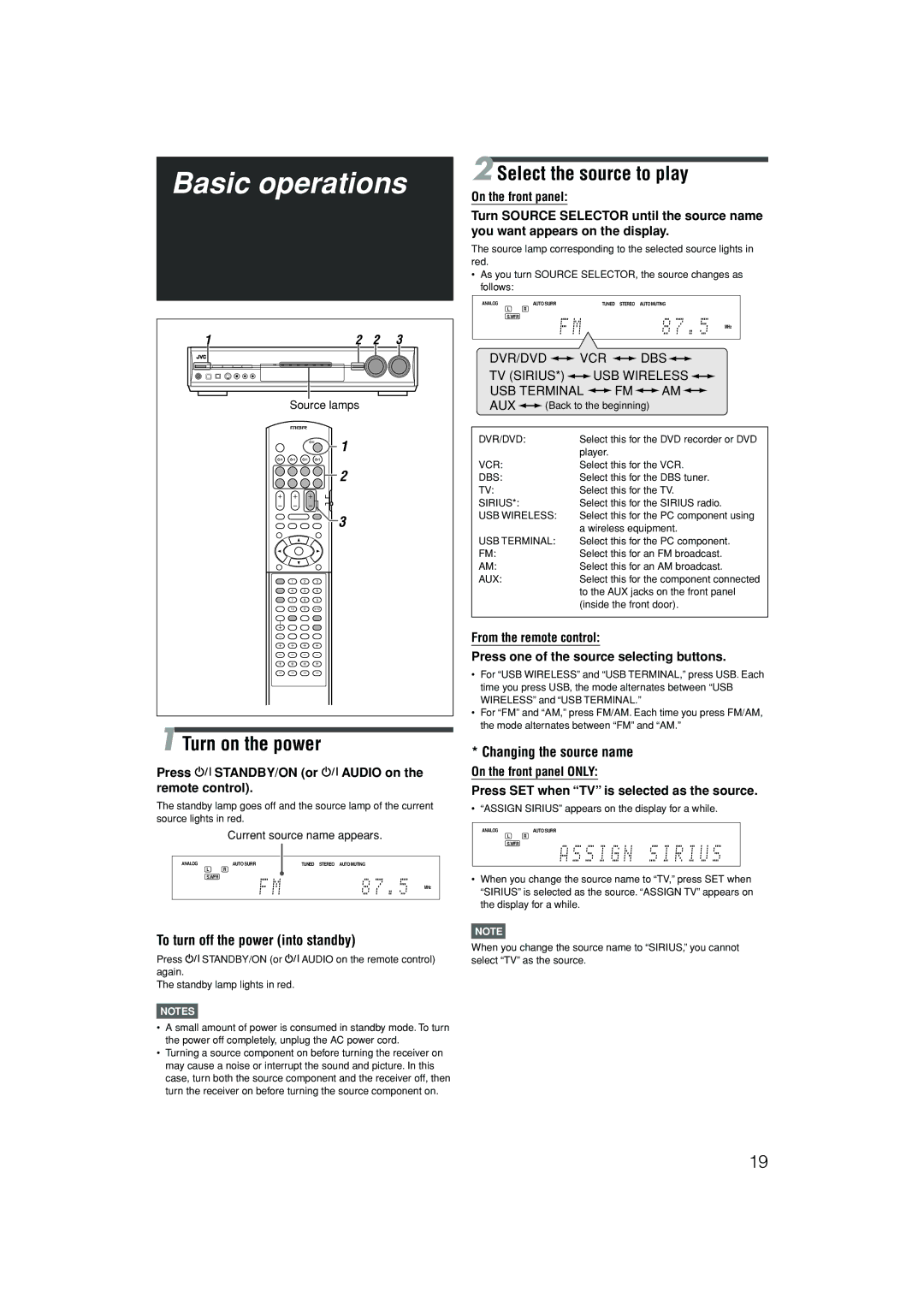 JVC RX-D701S manual Changing the source name, DVR/DVD VCR DBS TV SIRIUS* USB Wireless USB Terminal FM AM 