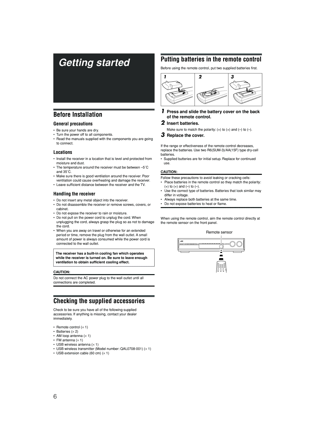 JVC RX-D701S manual Before Installation, Putting batteries in the remote control, Checking the supplied accessories 