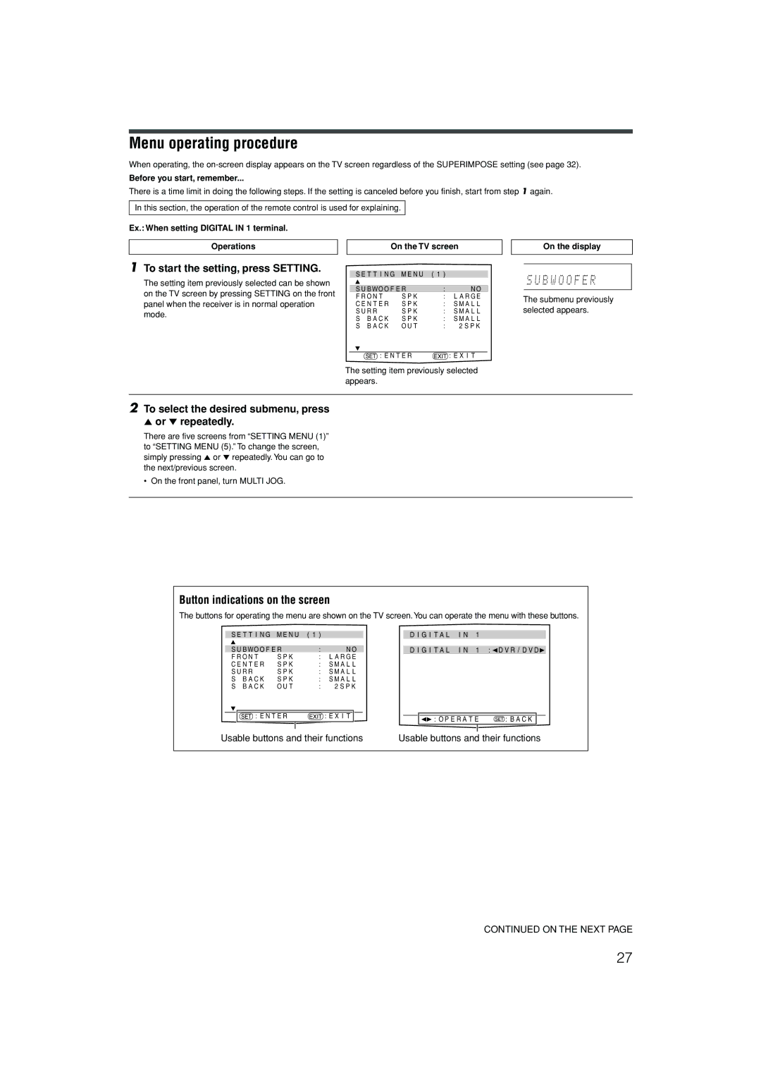 JVC RX-D701S manual Menu operating procedure 