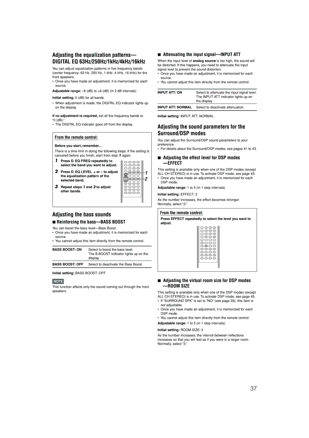 JVC RX-D701S manual Adjusting the sound parameters for the Surround/DSP modes 