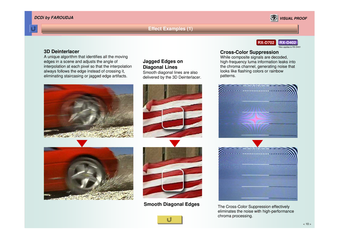 JVC RX-D402 manual EffectEffectExamplesExamples11, 3D Deinterlacer, Jagged Edges on Diagonal Lines, Cross-Color Suppression 