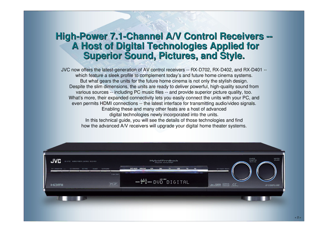 JVC RX-D401, RX-D702, RX-D402 manual High-Power 7.1-Channel A/V Control Receiverseivers 