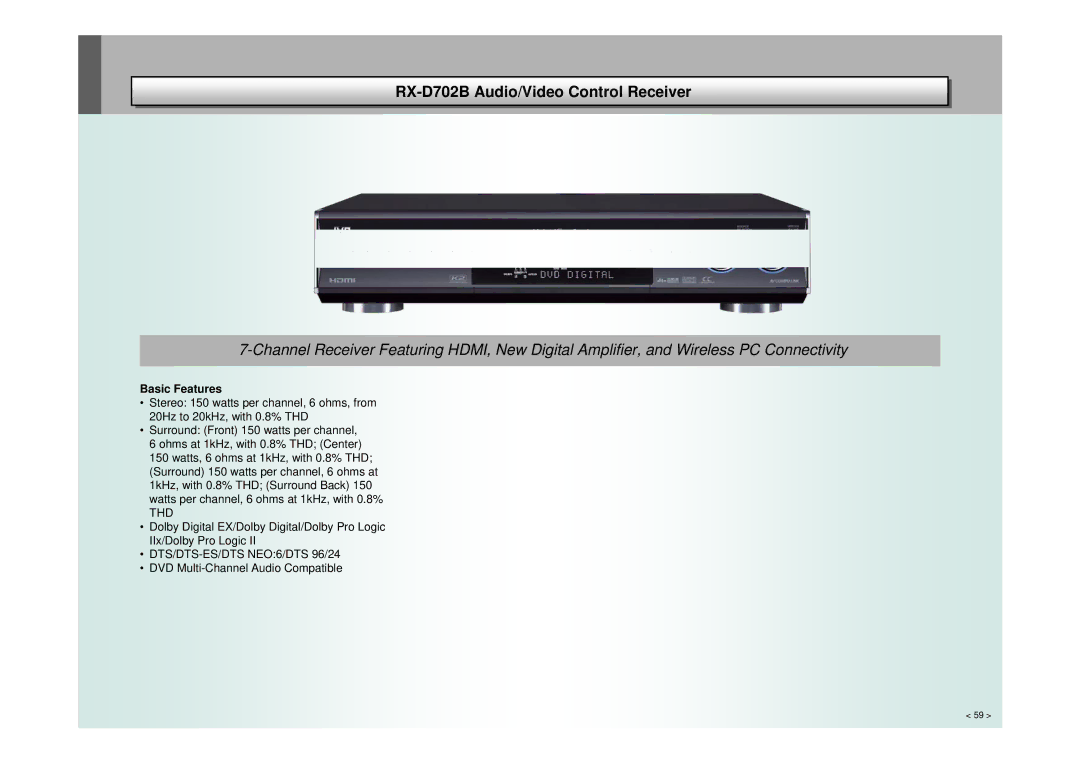 JVC RX-D401, RX-D402 manual RX-D702BControl Receiver, Basic Features Product Highlights 