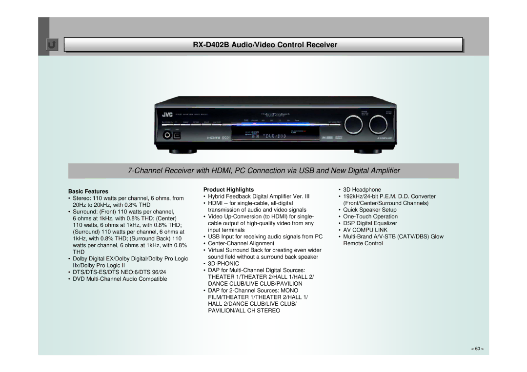 JVC RX-D702, RX-D401 manual RX-D402BControl Receiver, Basic Features 