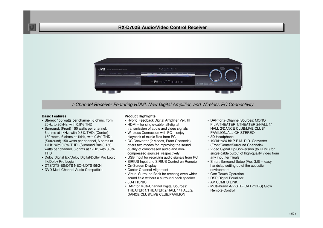 JVC RX-D401, RX-D402 manual RX-D702BControl Receiver, Basic Features, Product Highlights 