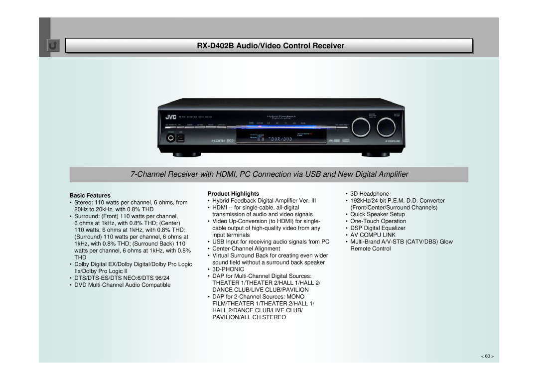 JVC RX-D702, RX-D401 manual RX-D402BControl Receiver, Basic Features, Product Highlights 