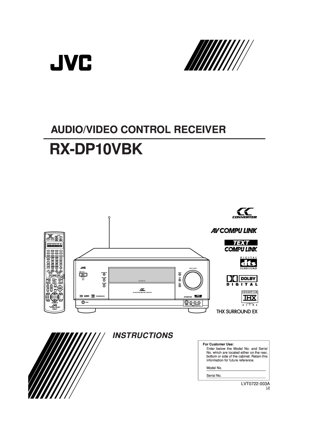JVC RX-DP10VBK manual Audio/Video Control Receiver, Instructions, LVT0722-003A, For Customer Use 