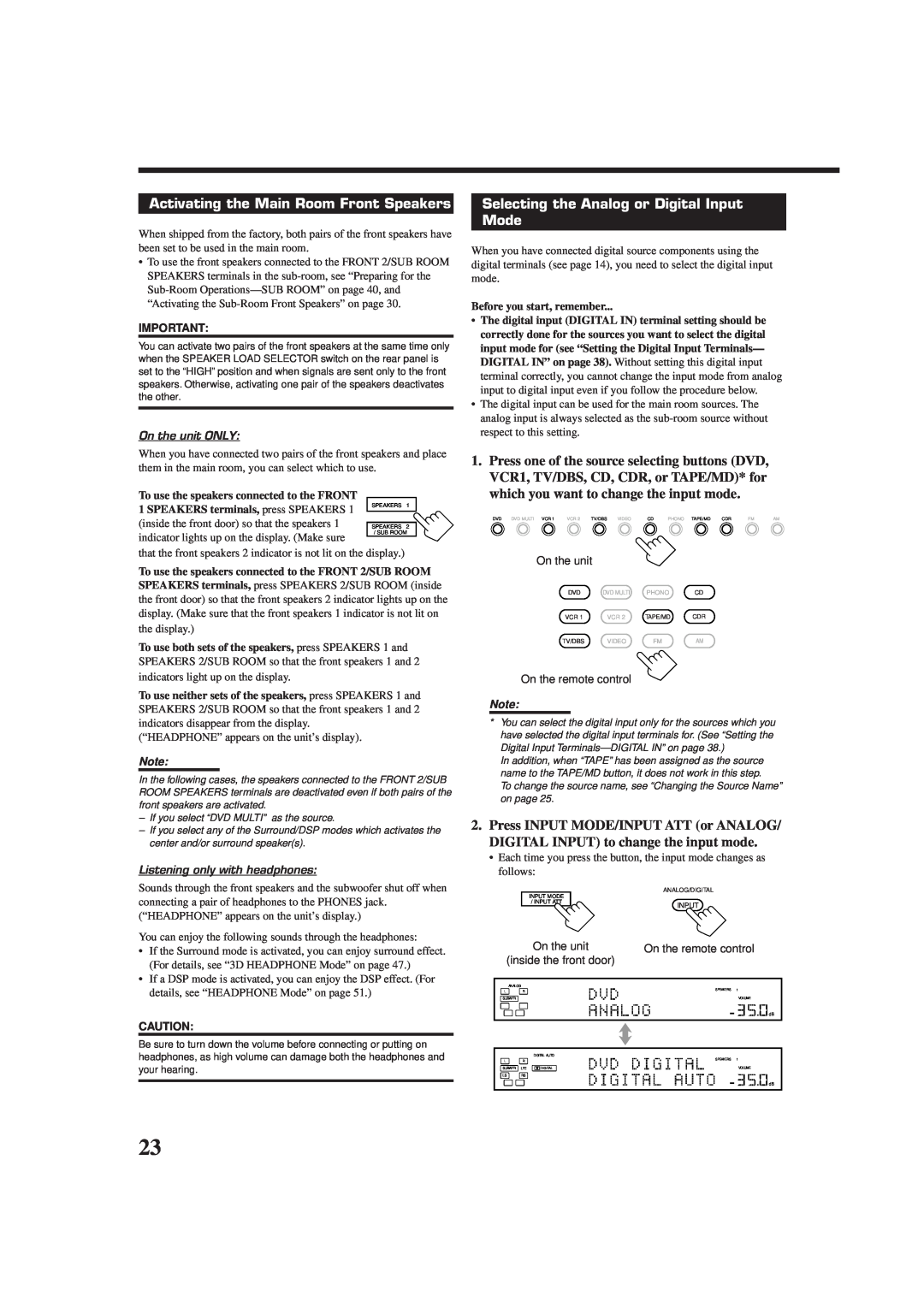 JVC RX-DP10VBK manual Activating the Main Room Front Speakers, Selecting the Analog or Digital Input Mode 