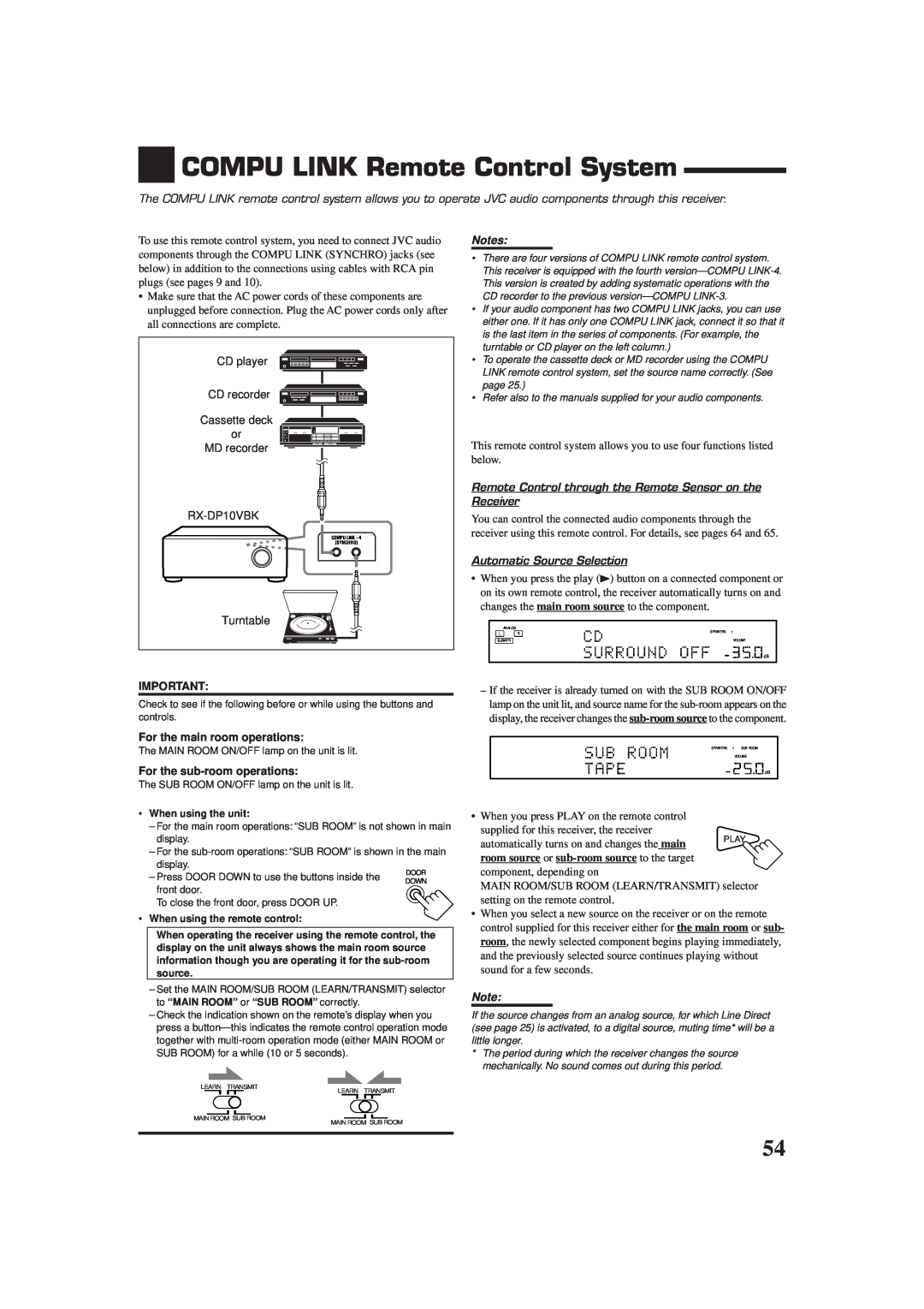 JVC RX-DP10VBK manual COMPU LINK Remote Control System, Notes, Automatic Source Selection, For the main room operations 