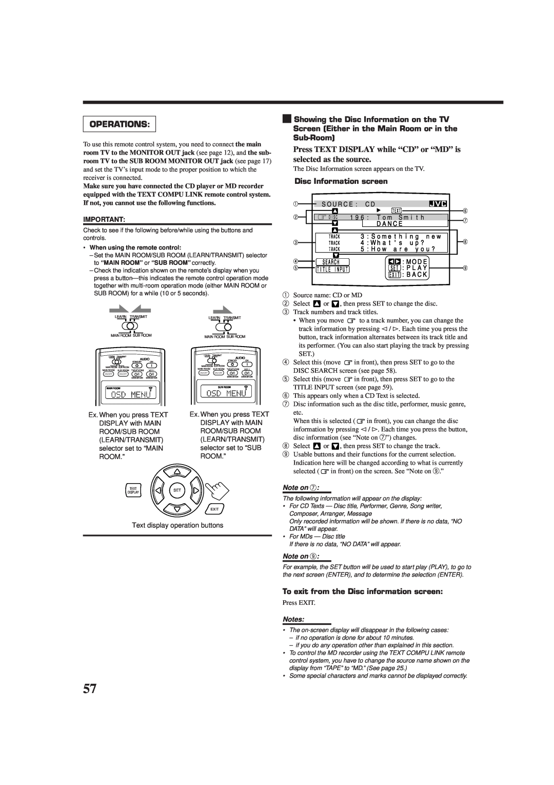 JVC RX-DP10VBK manual Operations, Disc Information screen, To exit from the Disc information screen, Note on, Notes 