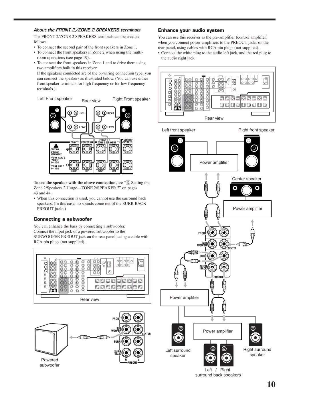 JVC RX-DP20VBK manual Enhance your audio system, Connecting a subwoofer, Left surround, Speaker, Powered 