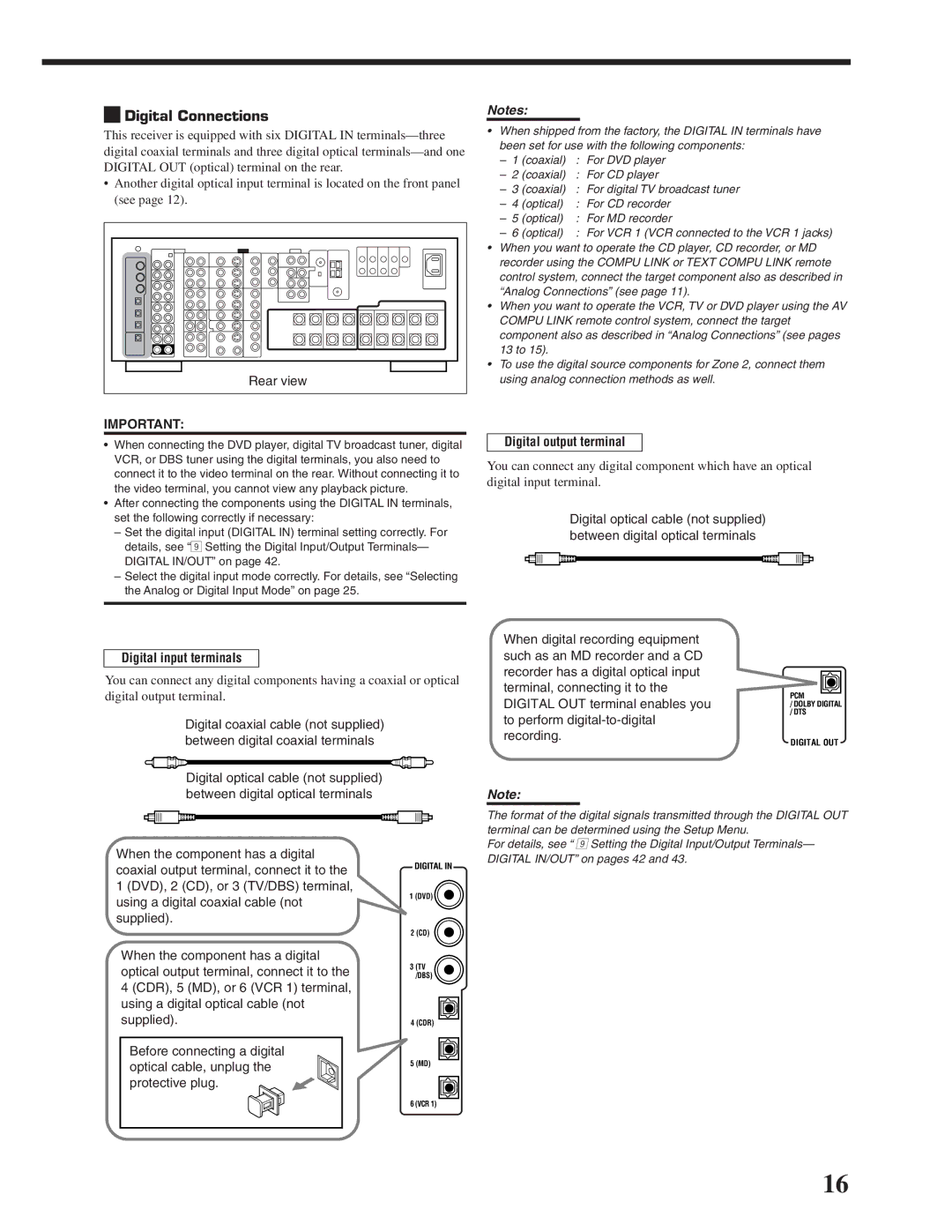 JVC RX-DP20VBK manual Digital Connections, Digital output terminal, Digital input terminals 