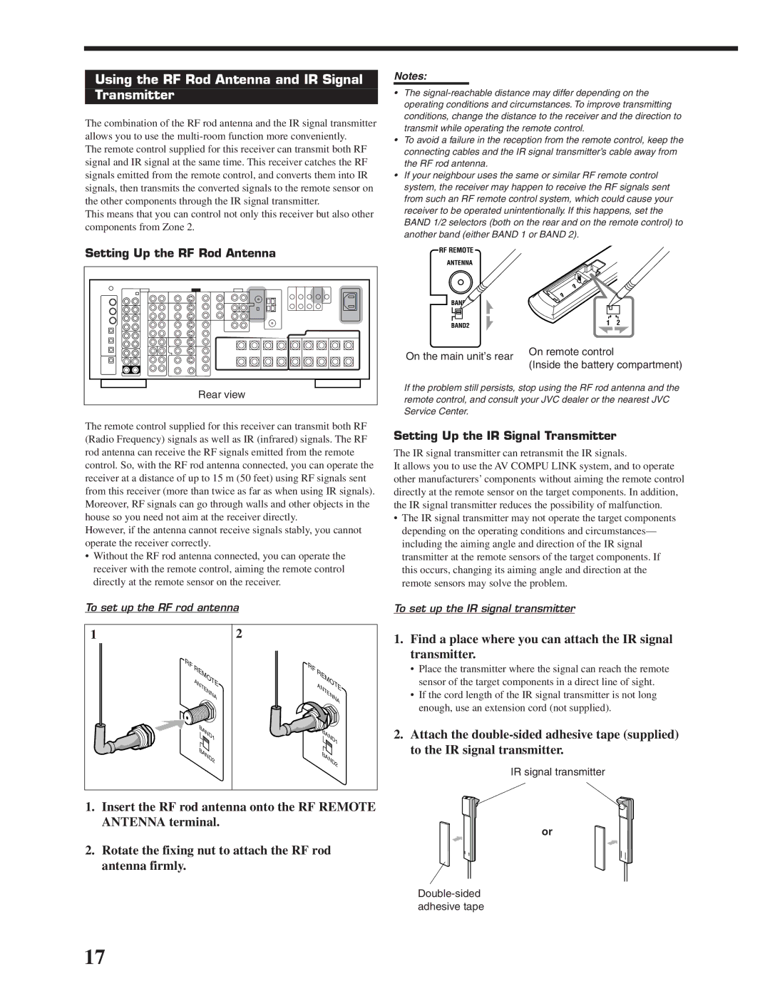 JVC RX-DP20VBK manual Using the RF Rod Antenna and IR Signal Transmitter, Setting Up the RF Rod Antenna 