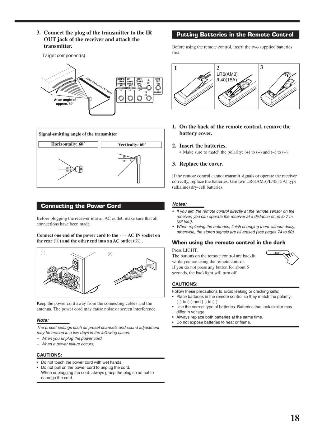 JVC RX-DP20VBK manual Putting Batteries in the Remote Control, Replace the cover, Connecting the Power Cord, LR6AM3 L4015A 