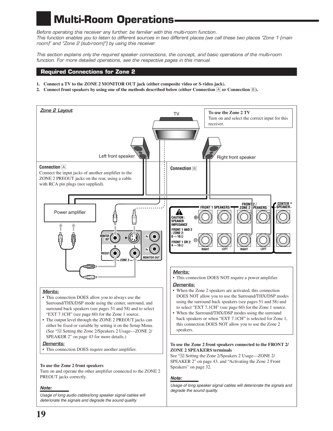 JVC RX-DP20VBK manual Multi-Room Operations, Required Connections for Zone, Connection Å Connection ı, Power amplifier 