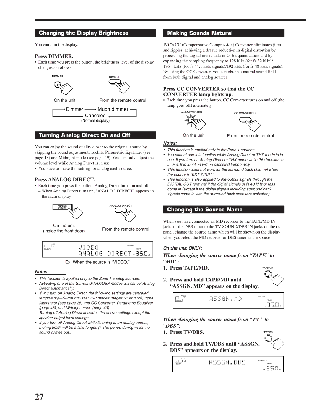 JVC RX-DP20VBK manual Changing the Display Brightness, Making Sounds Natural, Turning Analog Direct On and Off 