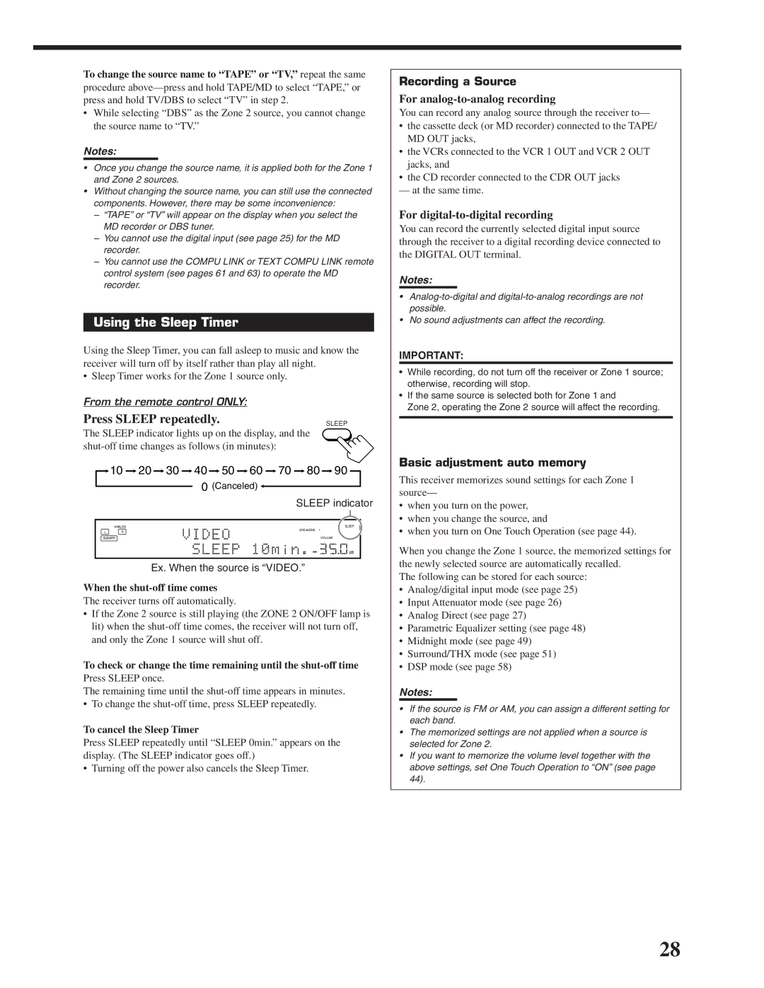 JVC RX-DP20VBK manual Using the Sleep Timer, Press Sleep repeatedly, Recording a Source, Basic adjustment auto memory 