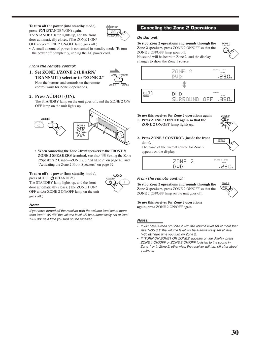 JVC RX-DP20VBK manual Canceling the Zone 2 Operations, To stop Zone 2 operations and sounds through 