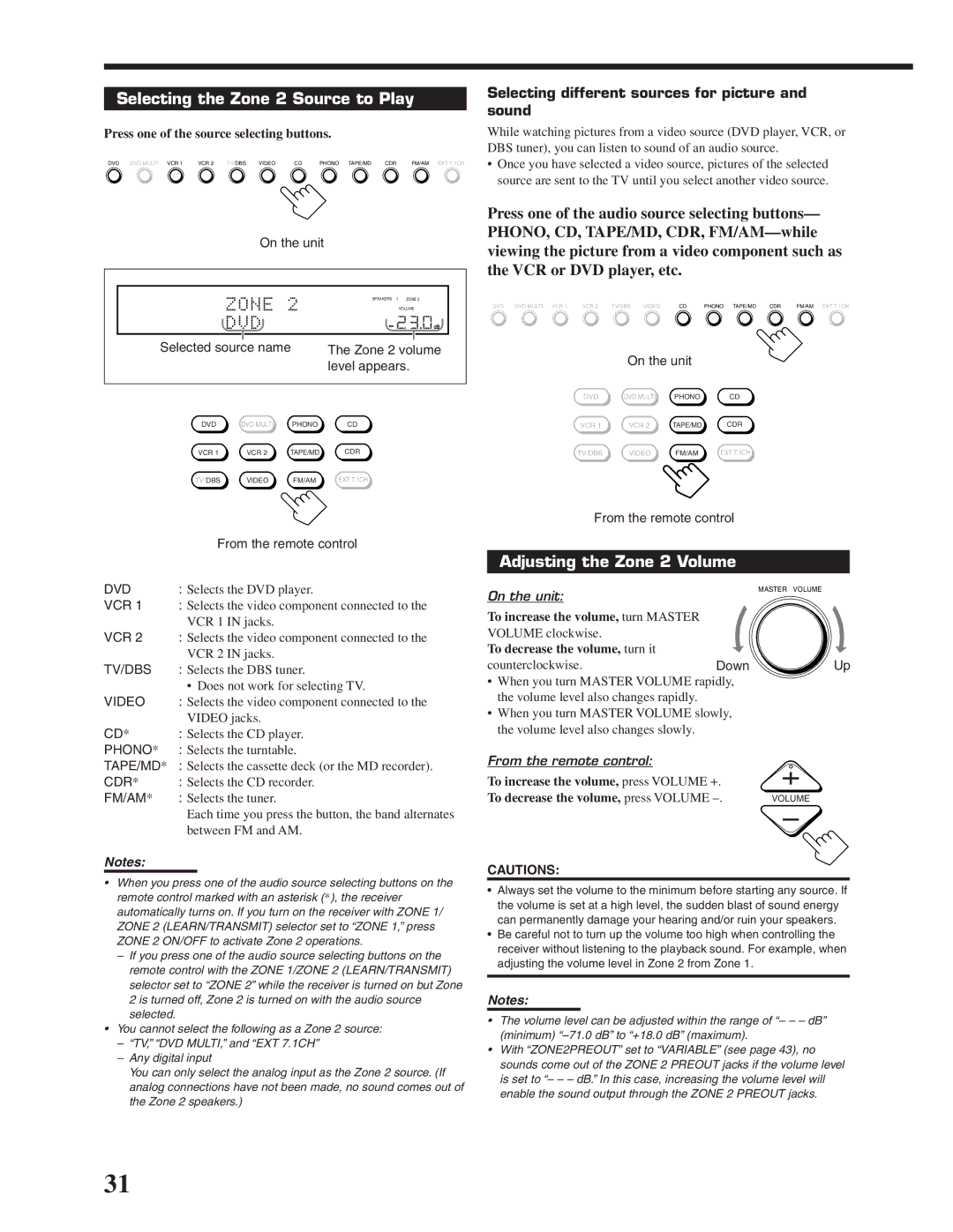 JVC RX-DP20VBK manual Selecting the Zone 2 Source to Play, Adjusting the Zone 2 Volume, Dvd, Down 