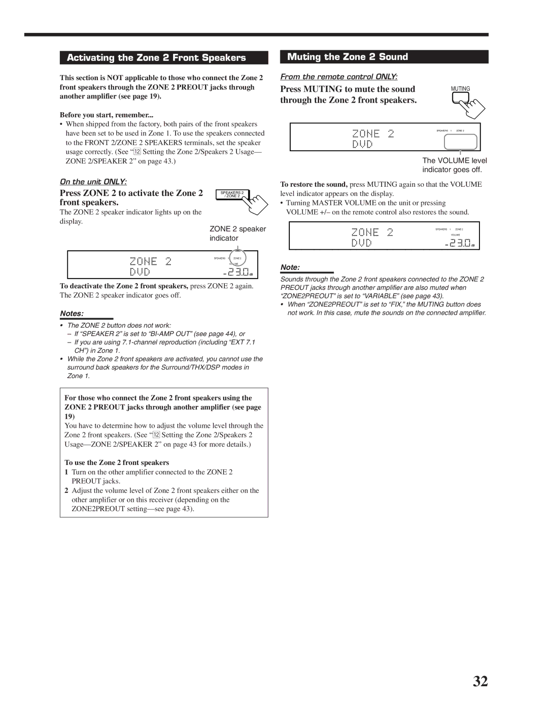 JVC RX-DP20VBK manual Activating the Zone 2 Front Speakers, Press Zone 2 to activate the Zone, Front speakers 