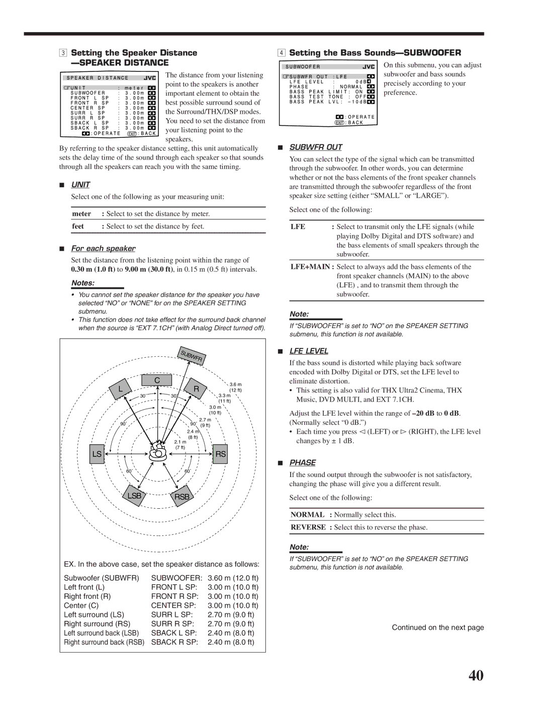 JVC RX-DP20VBK manual Setting the Speaker Distance, Setting the Bass Sounds-SUBWOOFER, For each speaker, Lfe 