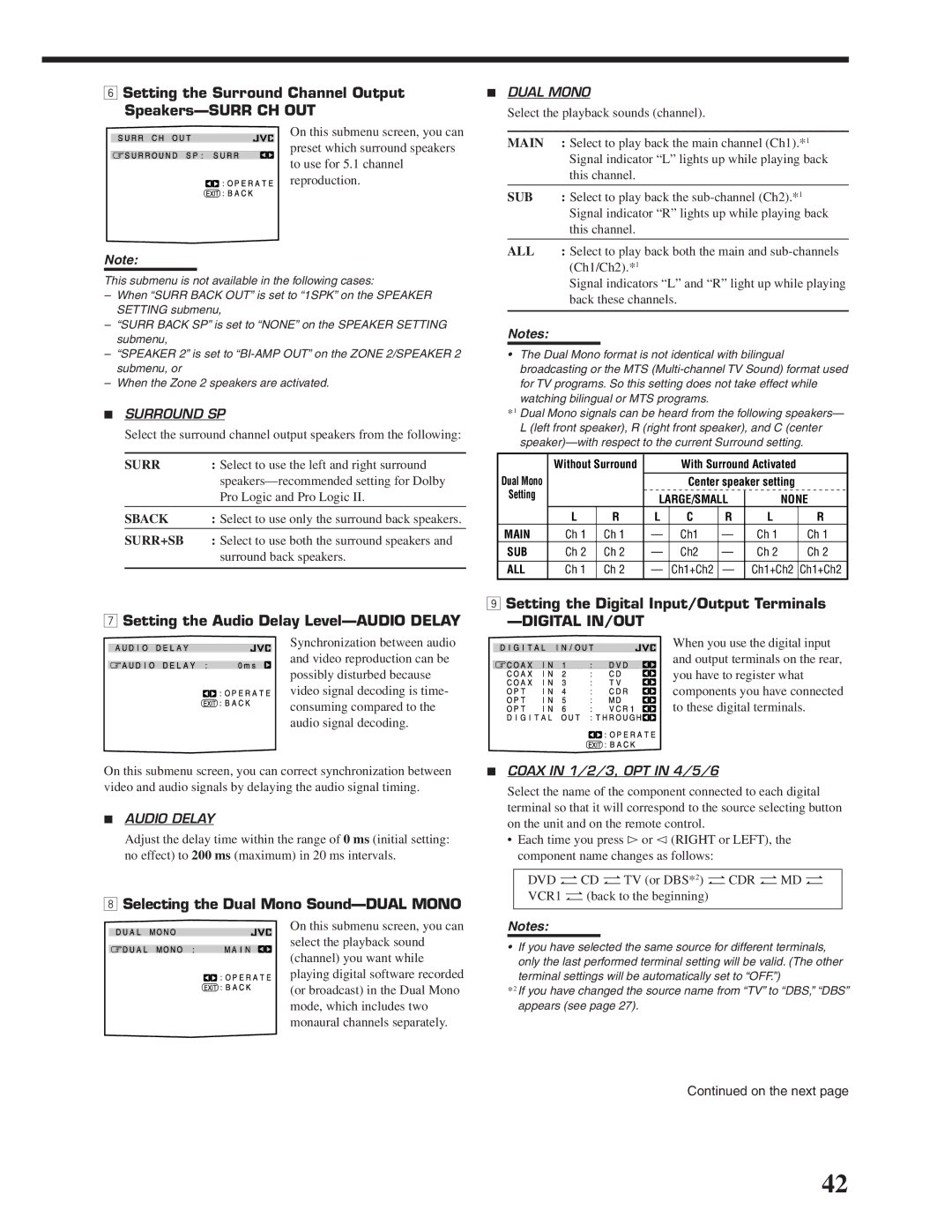 JVC RX-DP20VBK manual Setting the Surround Channel Output Speakers-SURR CH OUT, Setting the Audio Delay Level-AUDIO Delay 