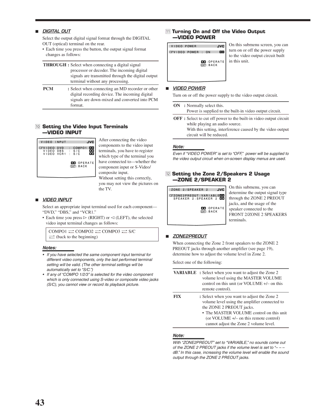 JVC RX-DP20VBK manual Setting the Video Input Terminals, Turning On and Off the Video Output, Pcm, Fix 