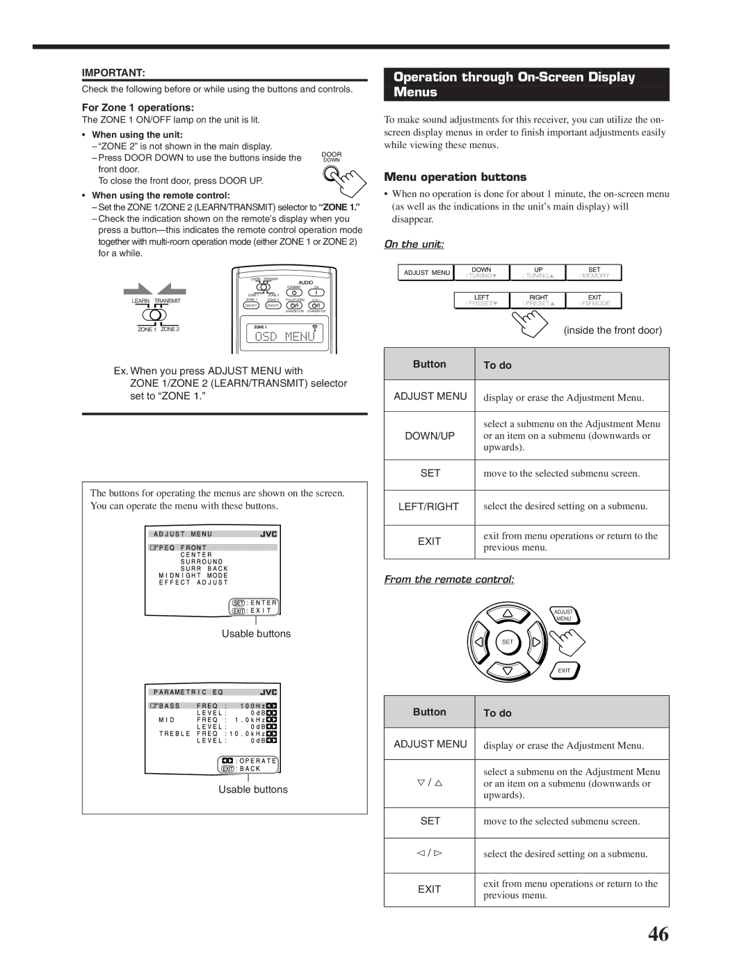 JVC RX-DP20VBK manual Adjust Menu, Display or erase the Adjustment Menu, Select a submenu on the Adjustment Menu 