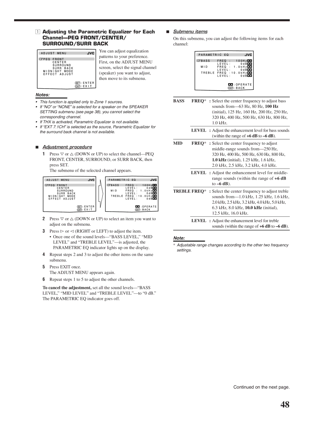 JVC RX-DP20VBK manual Adjustment procedure, Submenu items, Bass, Mid 