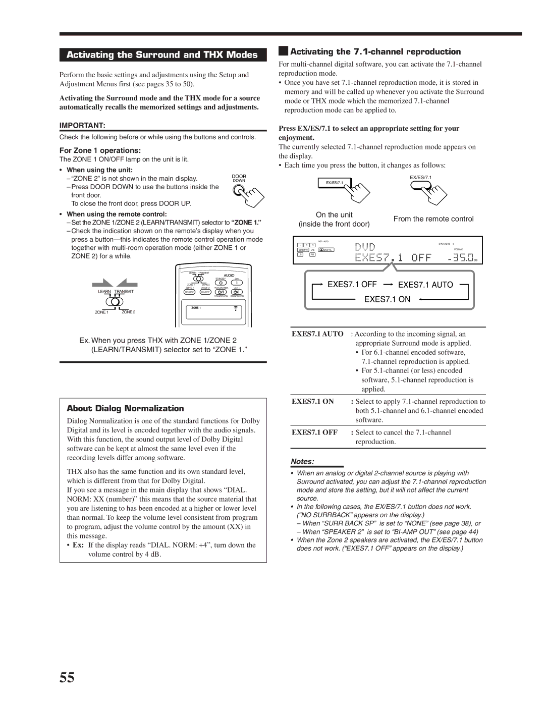 JVC RX-DP20VBK Activating the Surround and THX Modes, About Dialog Normalization, Activating the 7.1-channel reproduction 