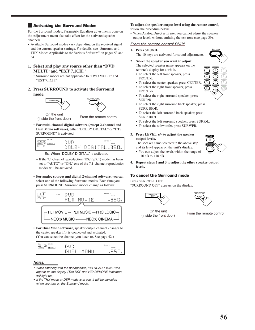 JVC RX-DP20VBK Press Surround to activate the Surround Mode, Activating the Surround Modes, To cancel the Surround mode 