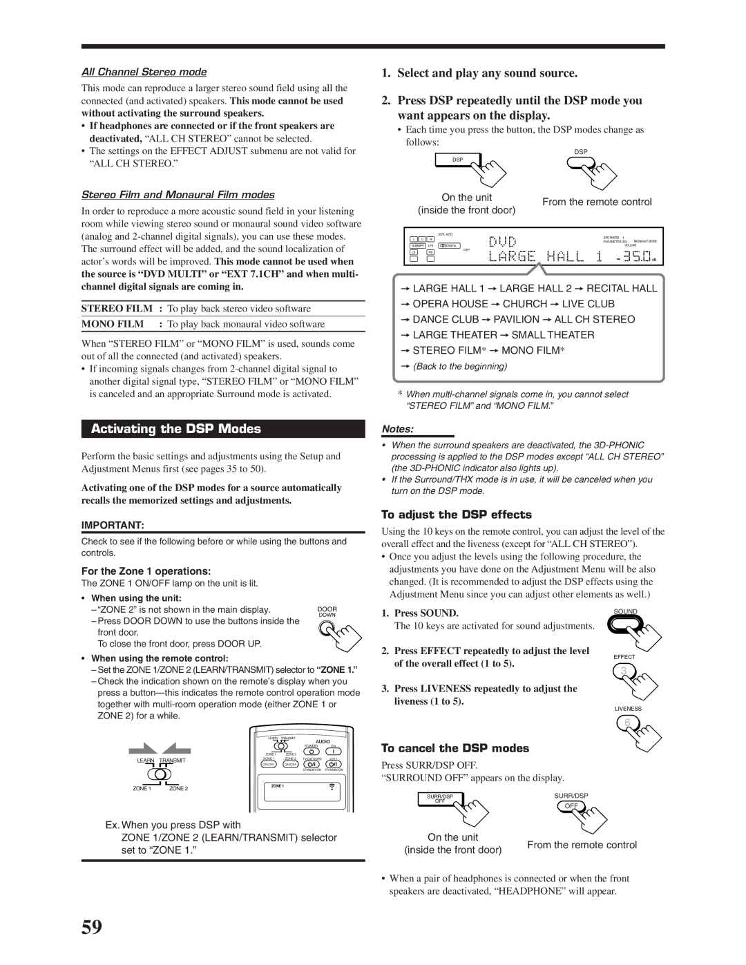 JVC RX-DP20VBK Activating the DSP Modes, To adjust the DSP effects, To cancel the DSP modes, For the Zone 1 operations 