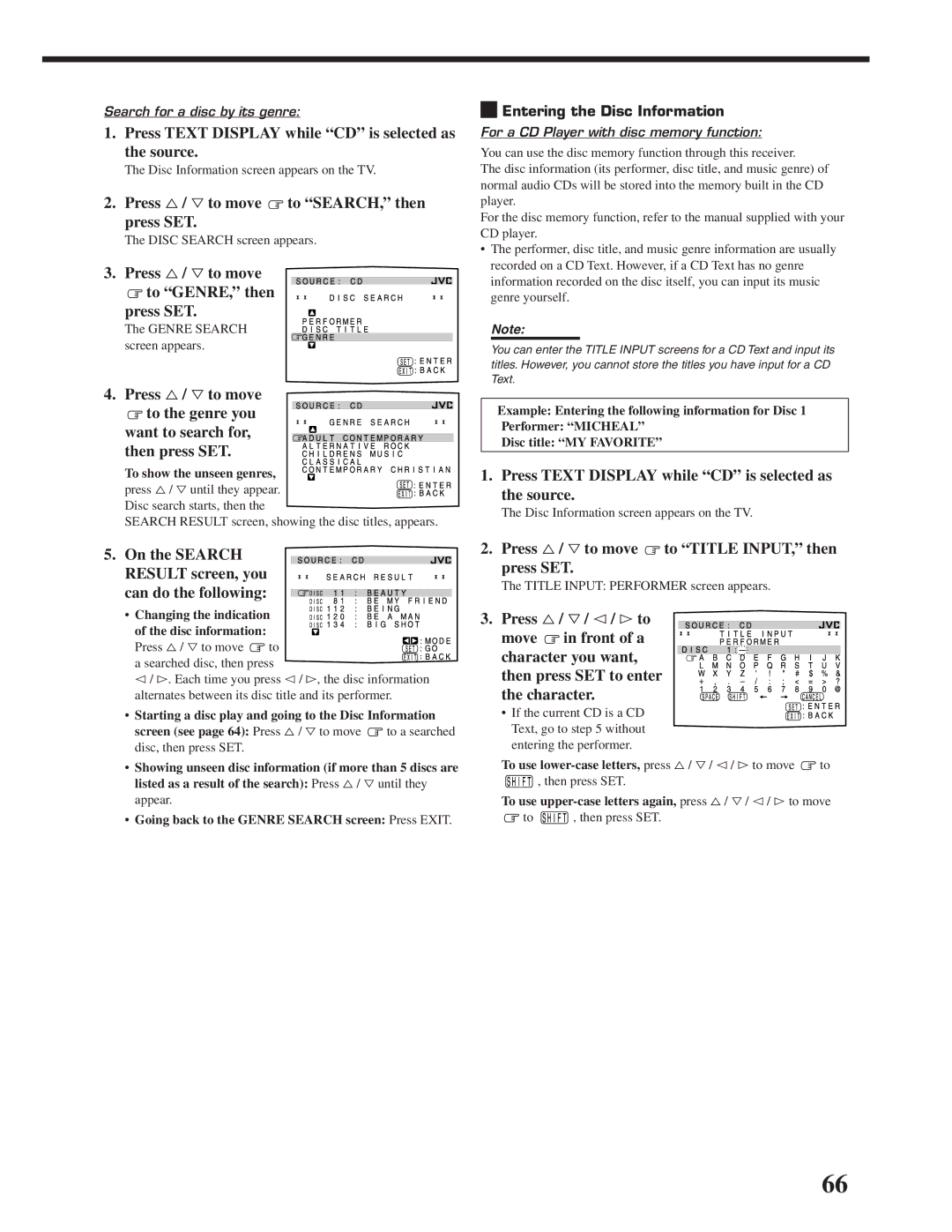 JVC RX-DP20VBK manual Press % / ﬁ to move to SEARCH, then press SET, Press % / ﬁ to move To GENRE, then Press SET 