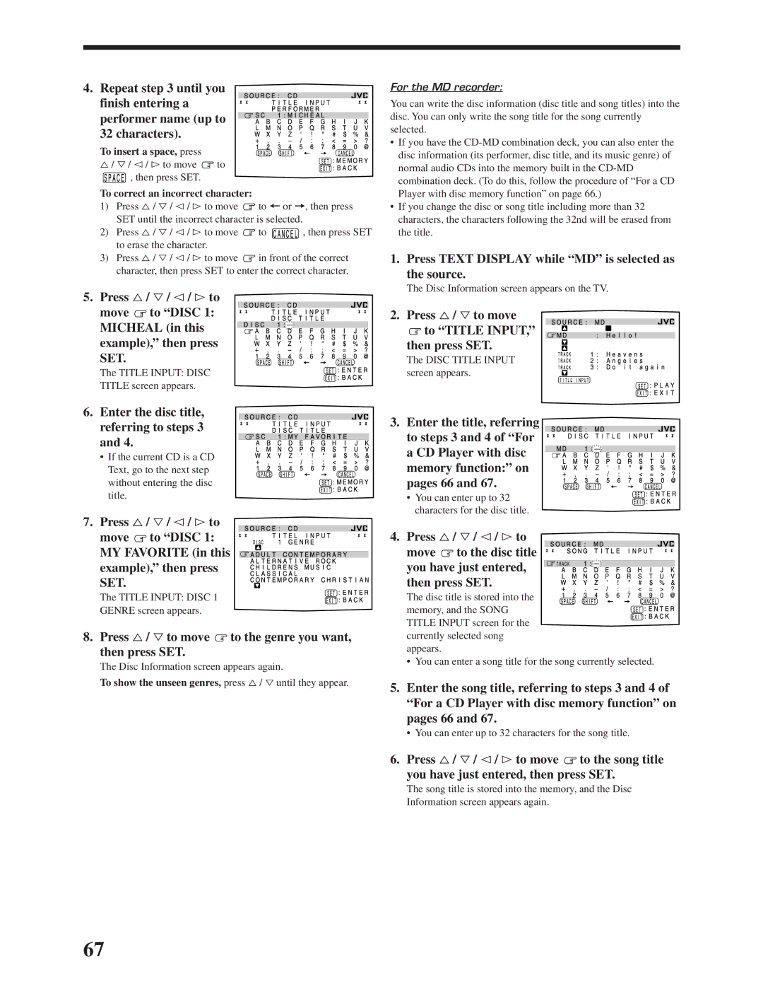 JVC RX-DP20VBK manual Enter the disc title, referring to steps 3, Press % / ﬁ to move to the genre you want, then press SET 