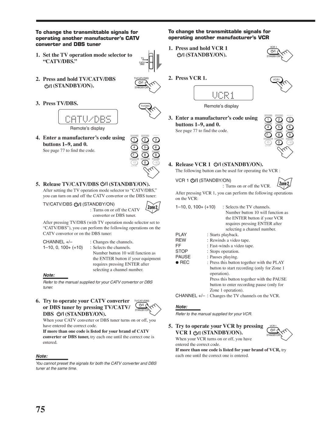 JVC RX-DP20VBK Press and hold VCR, Press VCR, Enter a manufacturer’s code using, Buttons 1-9, Release VCR 1 STANDBY/ON 