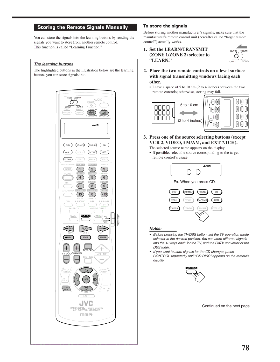 JVC RX-DP20VBK Storing the Remote Signals Manually, Set the LEARN/TRANSMIT, Zone 1/ZONE 2 selector to, Learning buttons 