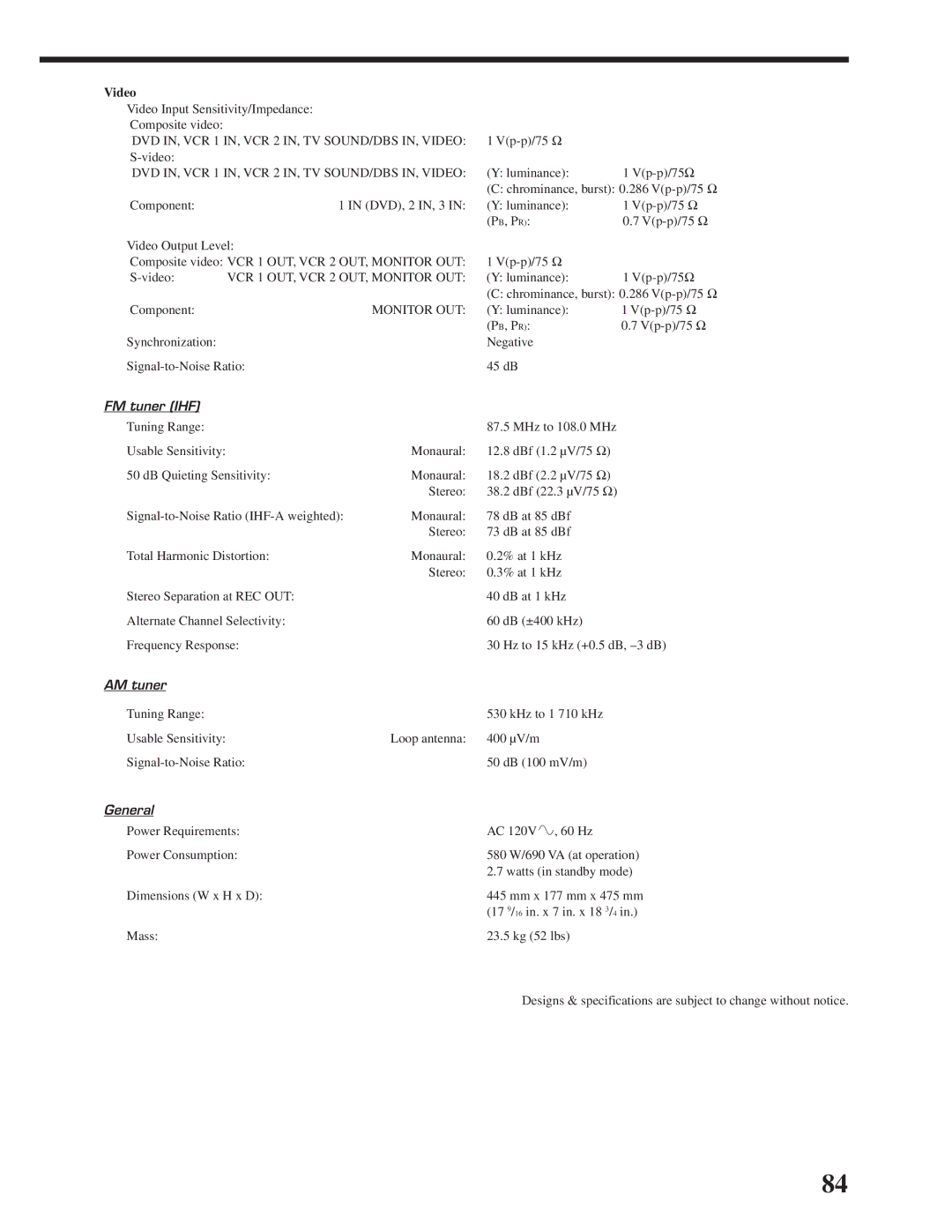 JVC RX-DP20VBK manual Video, FM tuner IHF, AM tuner, General 