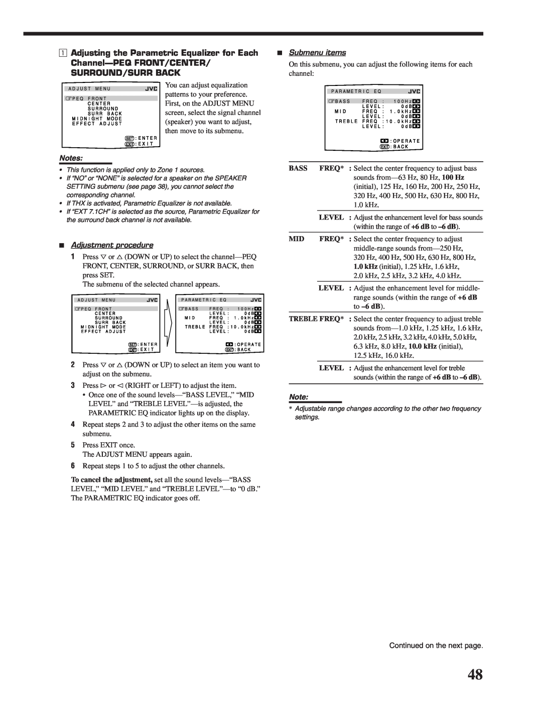 JVC RX-DP20VBK manual Notes, 7Adjustment procedure, 7Submenu items, Bass 