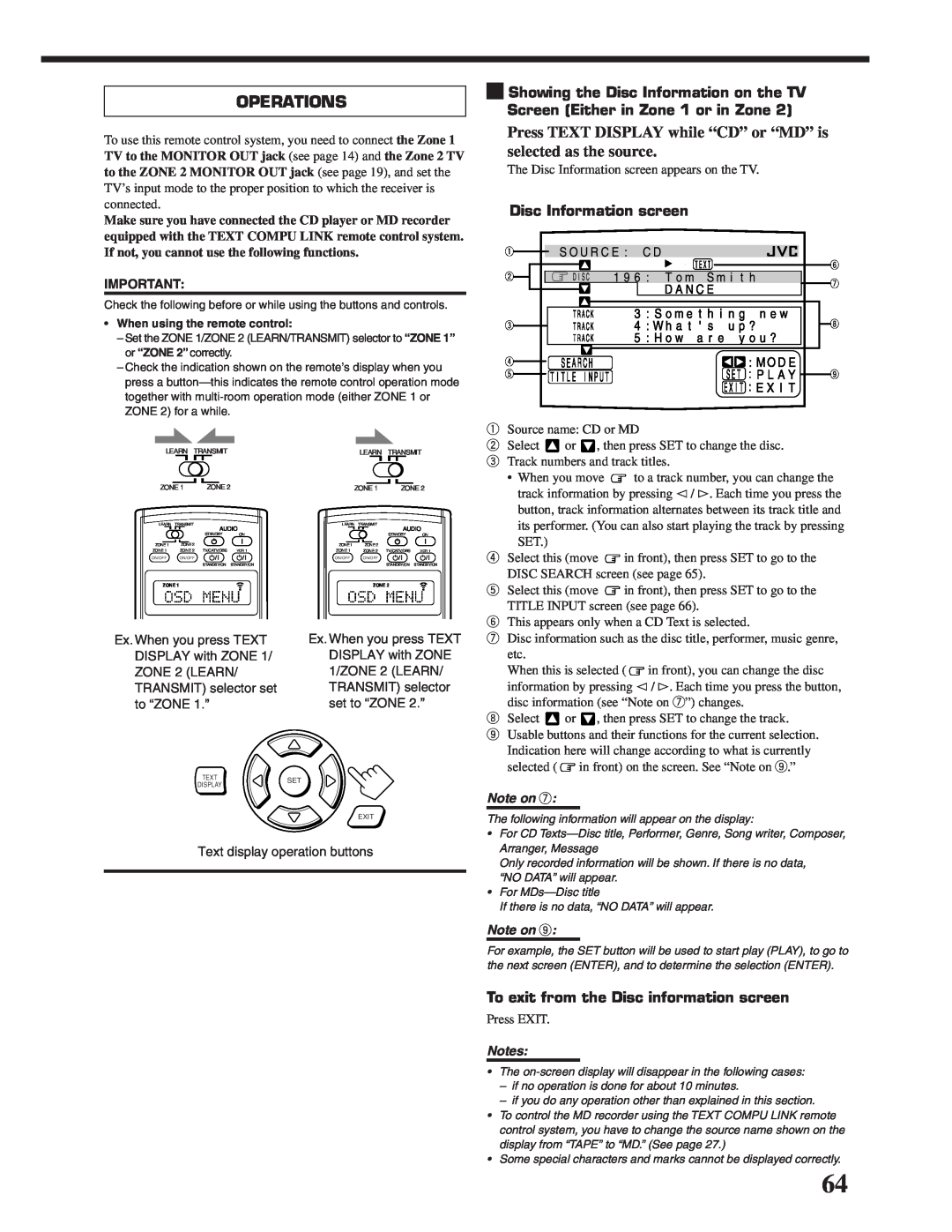 JVC RX-DP20VBK manual Operations, Disc Information screen, To exit from the Disc information screen, Note on, Notes 