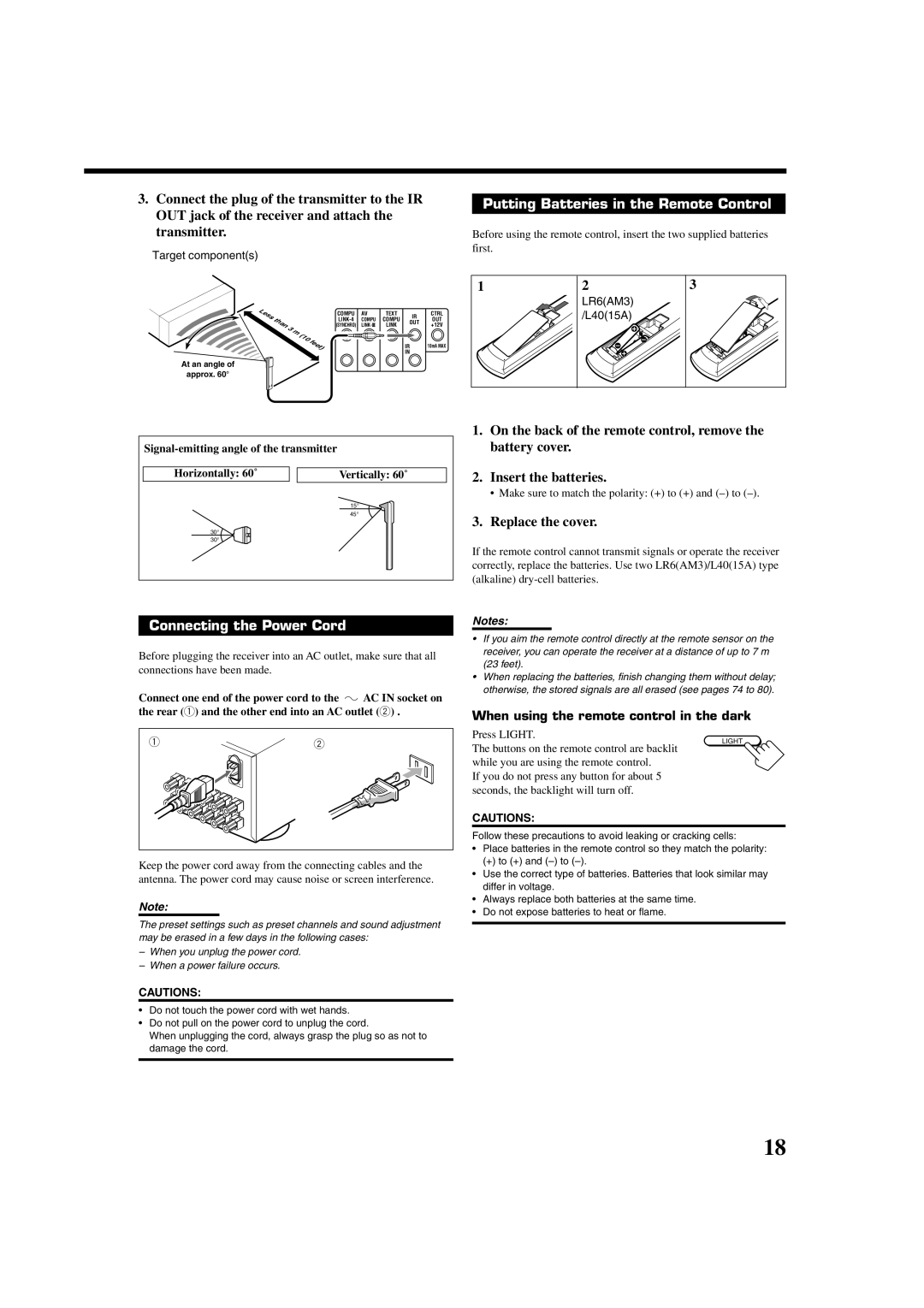 JVC RX-DP20VBKC manual Putting Batteries in the Remote Control, Replace the cover, Connecting the Power Cord, LR6AM3 L4015A 