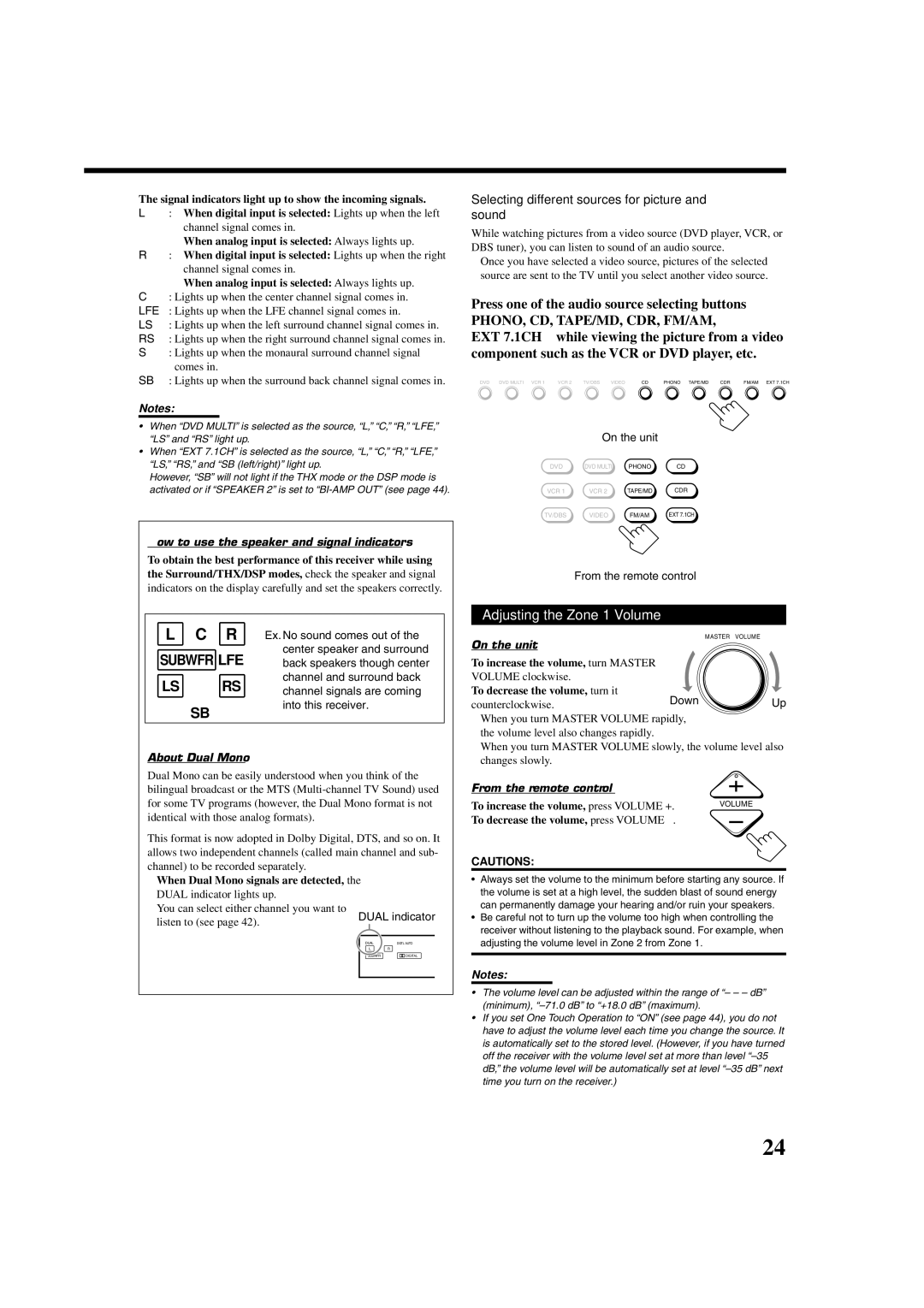 JVC RX-DP20VBKC manual Adjusting the Zone 1 Volume, Selecting different sources for picture and sound 