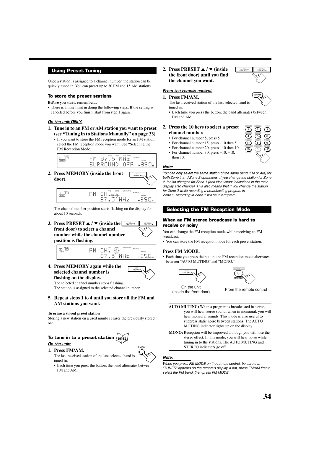 JVC RX-DP20VBKC manual Using Preset Tuning, Selecting the FM Reception Mode 